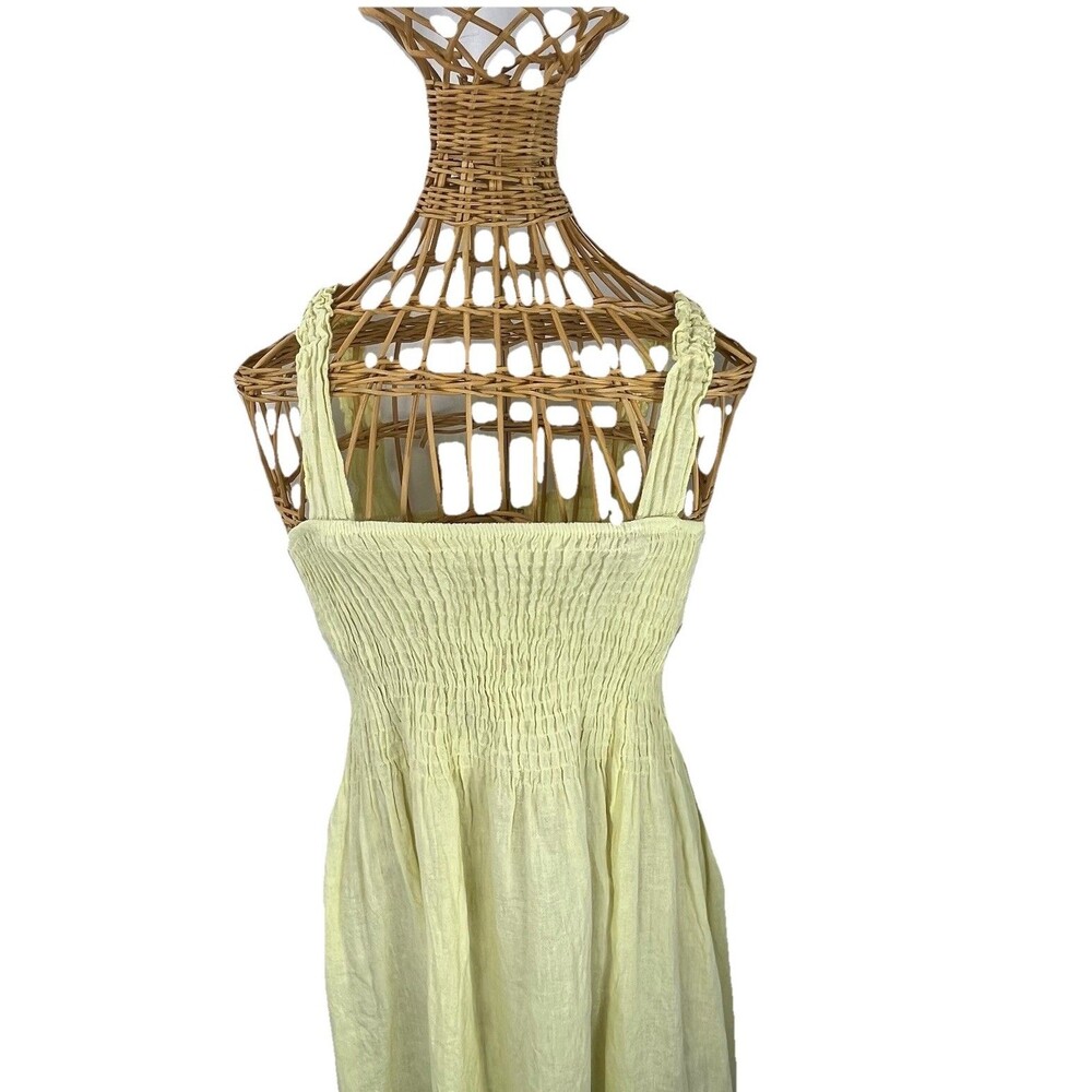 Made in Italy Linen Midi Dress Women Yellow Smocked Boho Sundress Size M - Picture 13 of 16